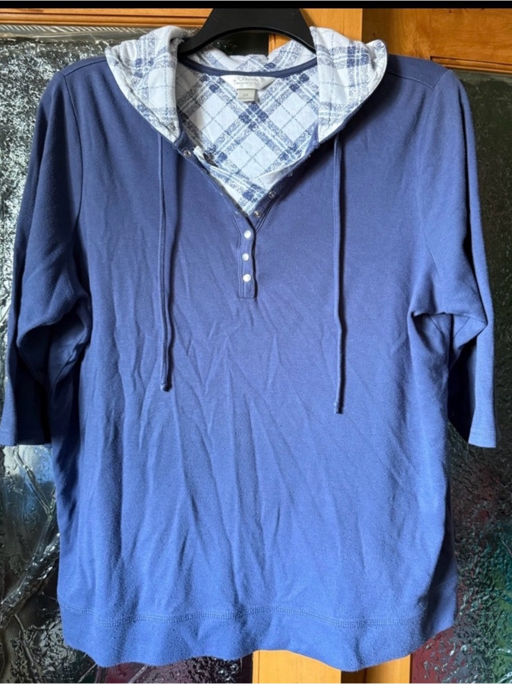 CJ Banks Navy Hooded Henley with Plaid Lining